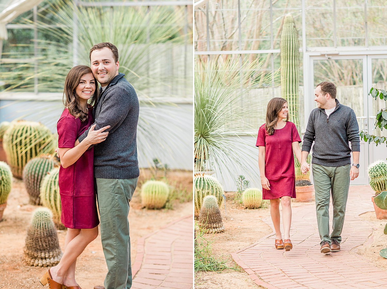 couple walk through greenhouse at Birmingham AL Botanical Gardens