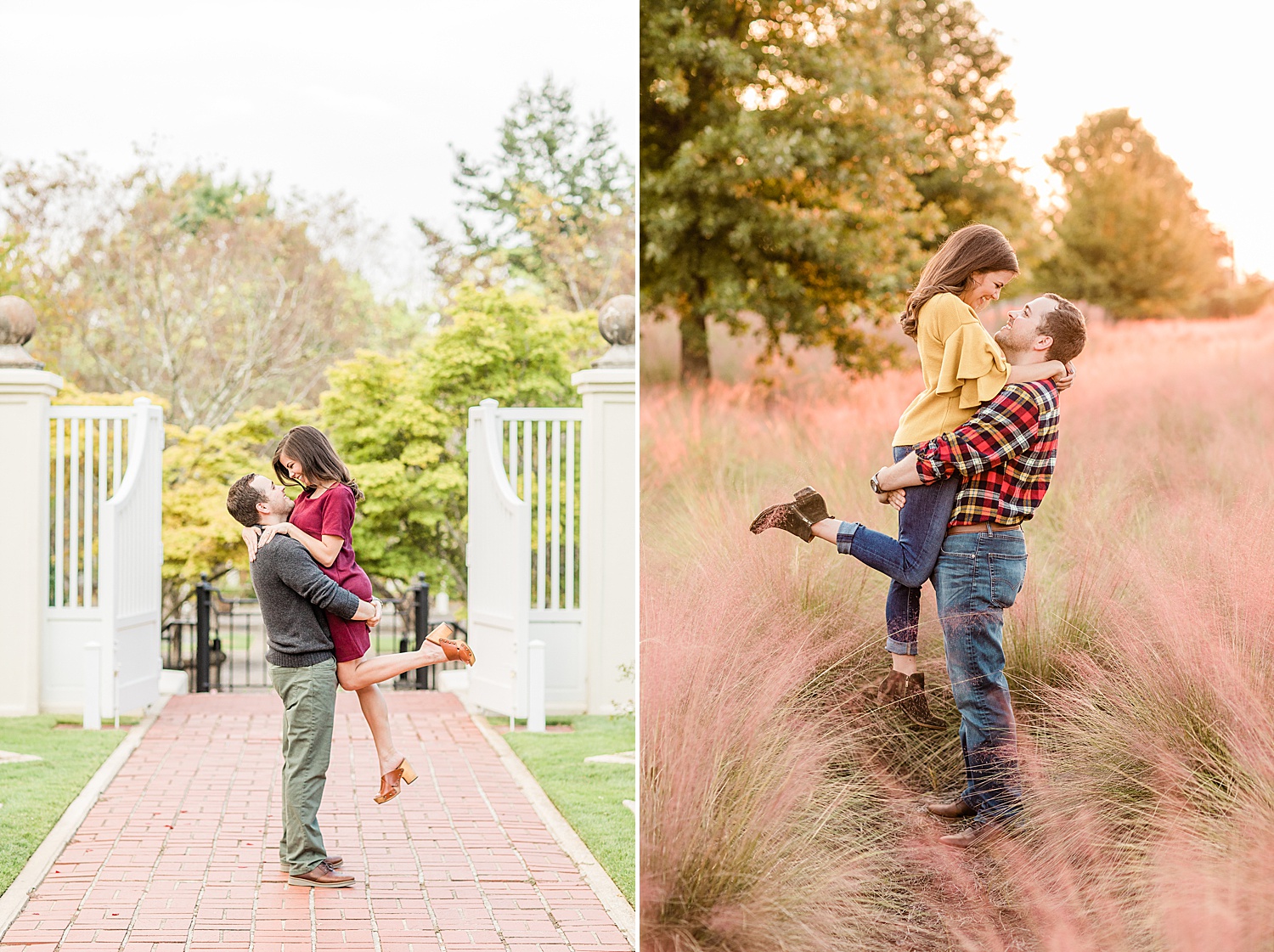man lifts up his fiance during engagement session