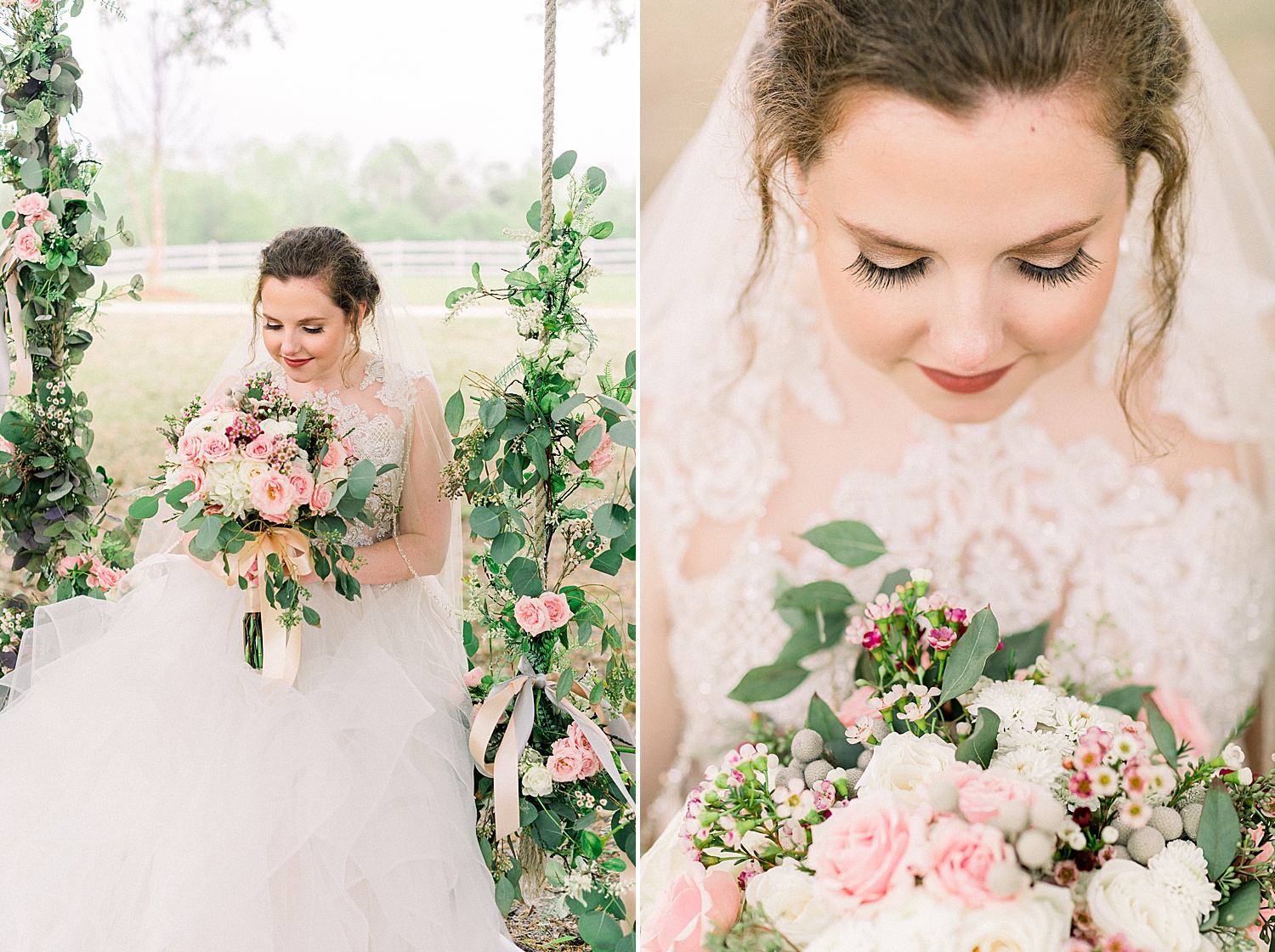 bride holds wedding flower bouquet in field with white fence