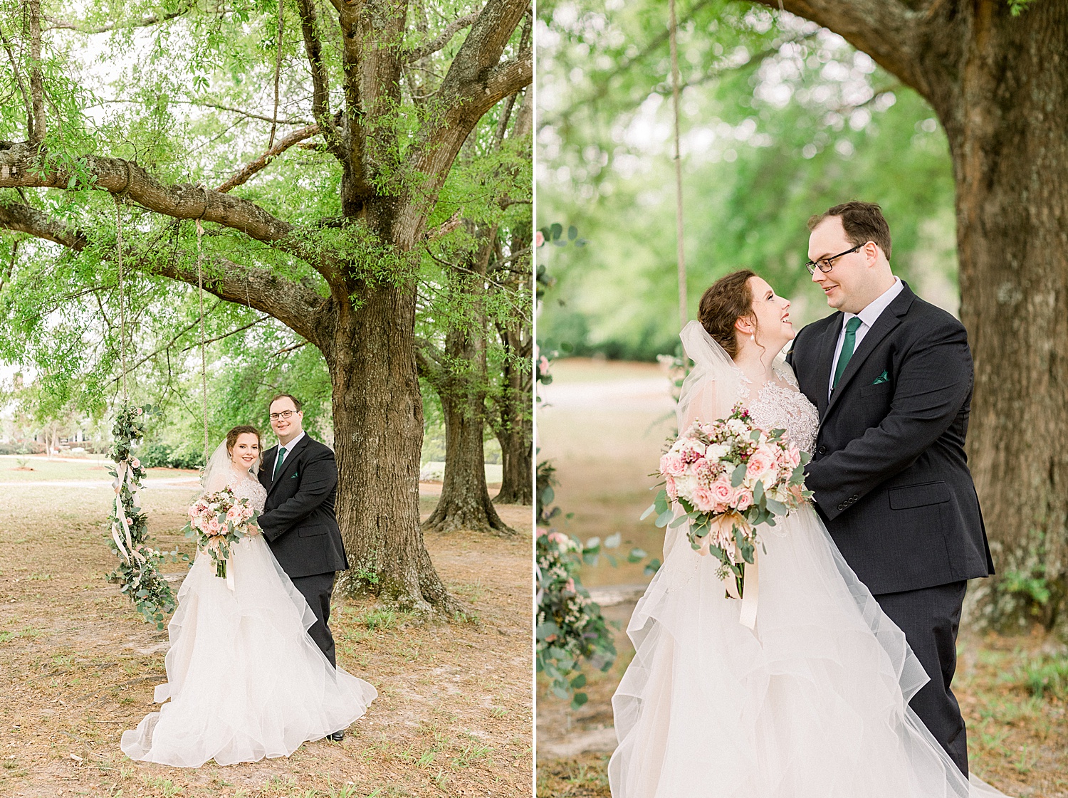 bride and groom pose by tree on the grounds of Tangarray Wedding venue