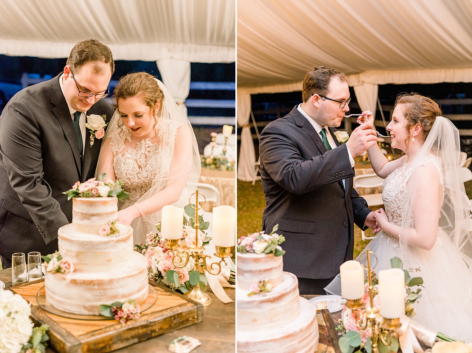 newlyweds enjoy their wedding cake