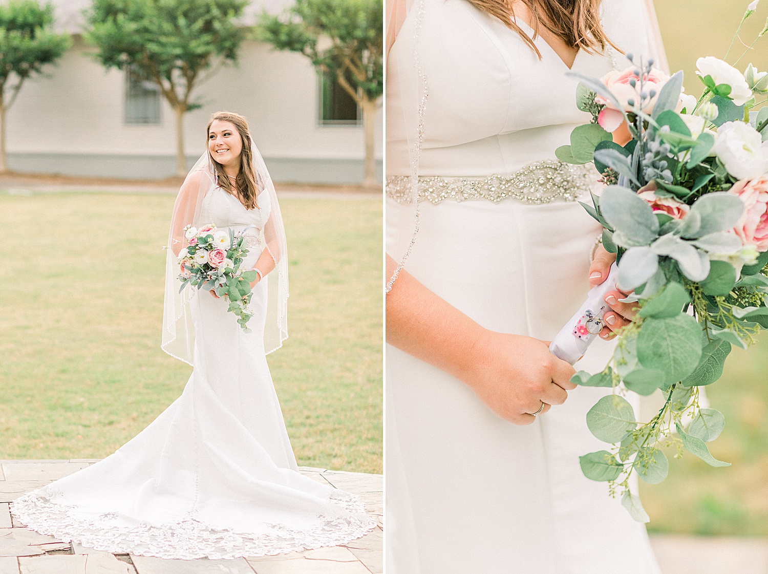 bride wedding dress and bouquet details