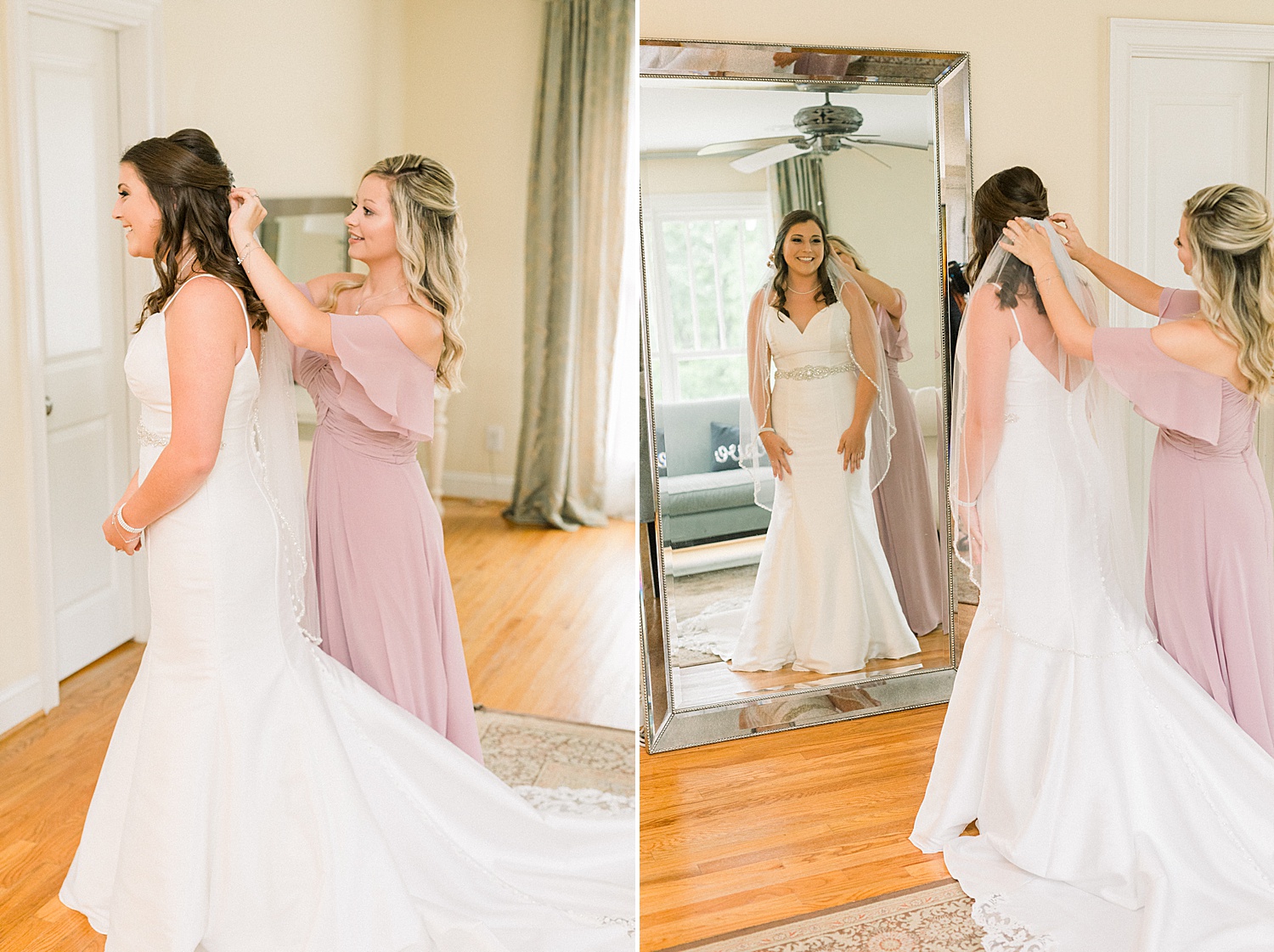 bride getting help with her hair before Alabama wedding ceremony