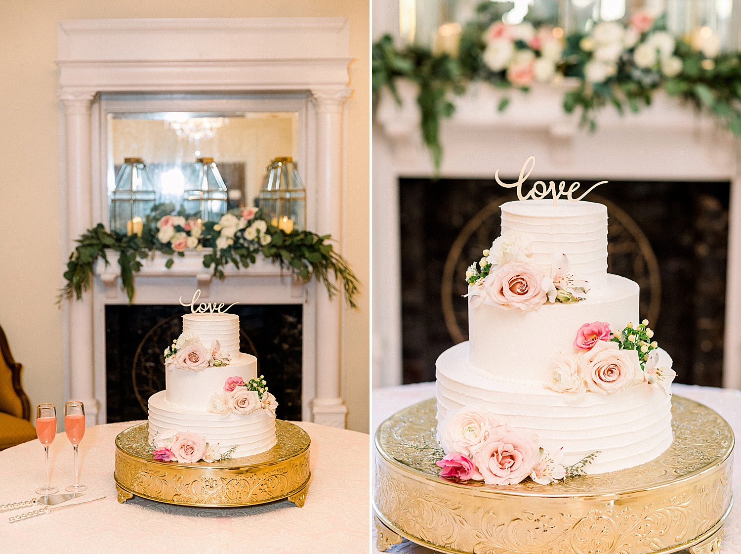 three tiered wedding cake with pink and white flowers