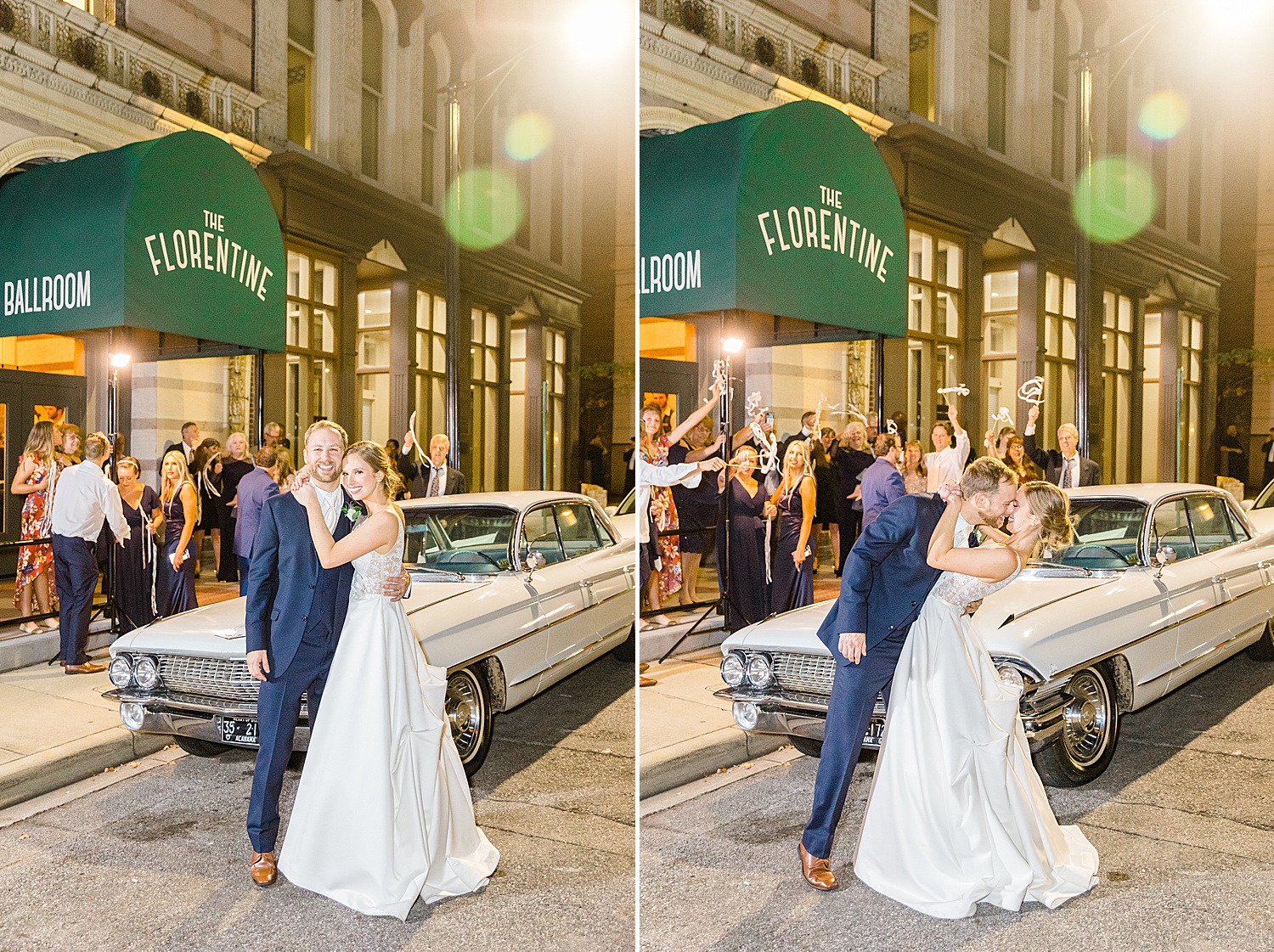 newlyweds kiss outside The Florentine Building at the end of their wedding night in Birmingham, AL
