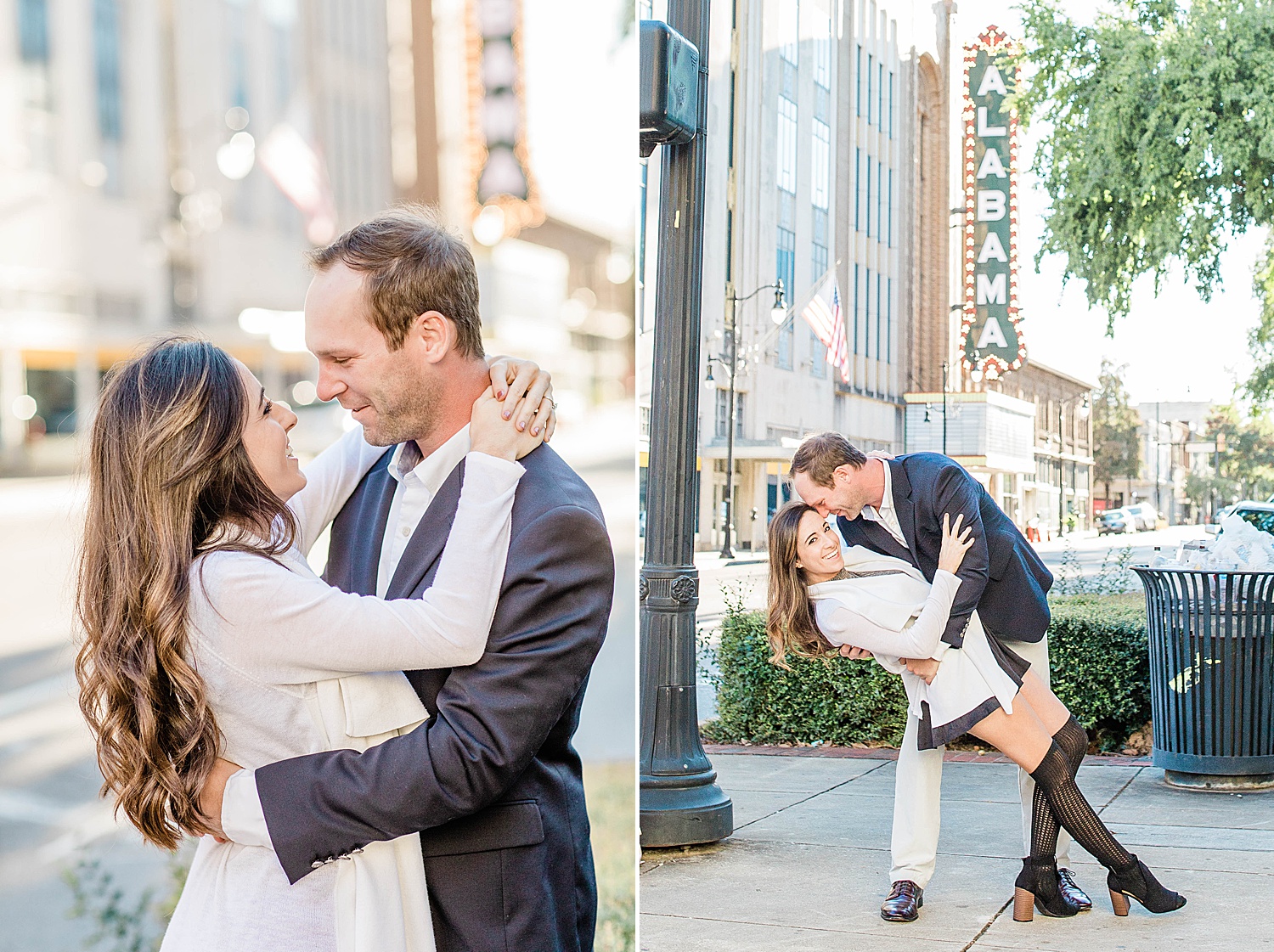 candid moments of couple in downtown Alabama