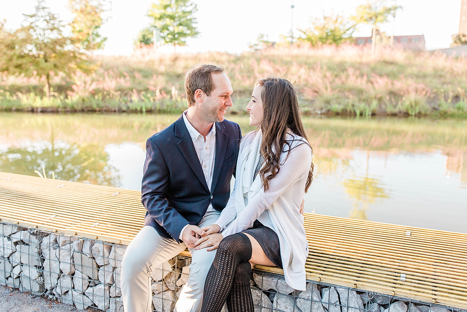 candid moment of couple looking at each other during engagement photos