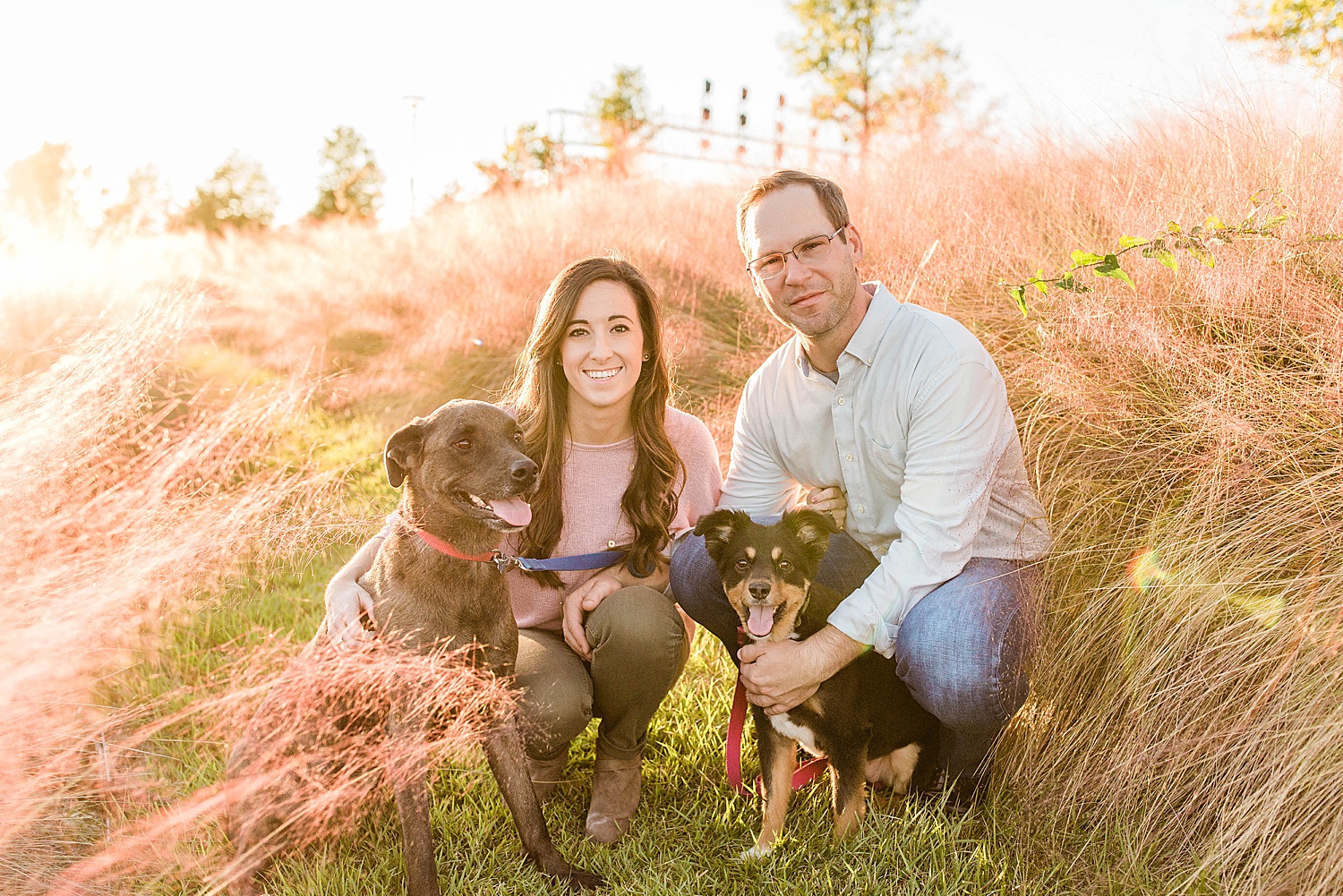 engaged couple with their dogs at Railroad park in Birmingham AL