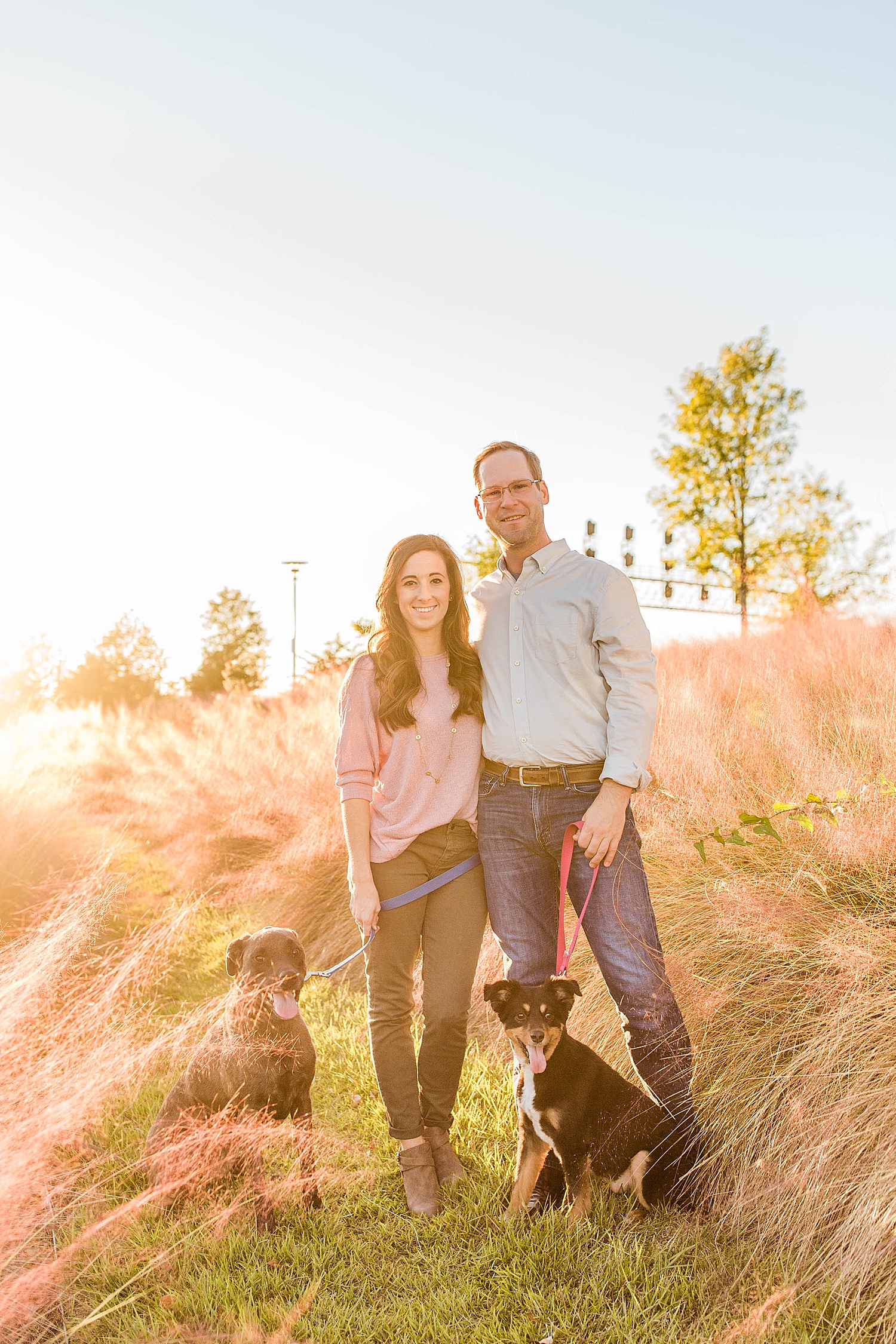 Downtown Birmingham Alabama Engagement Session at Railroad park with their dogs