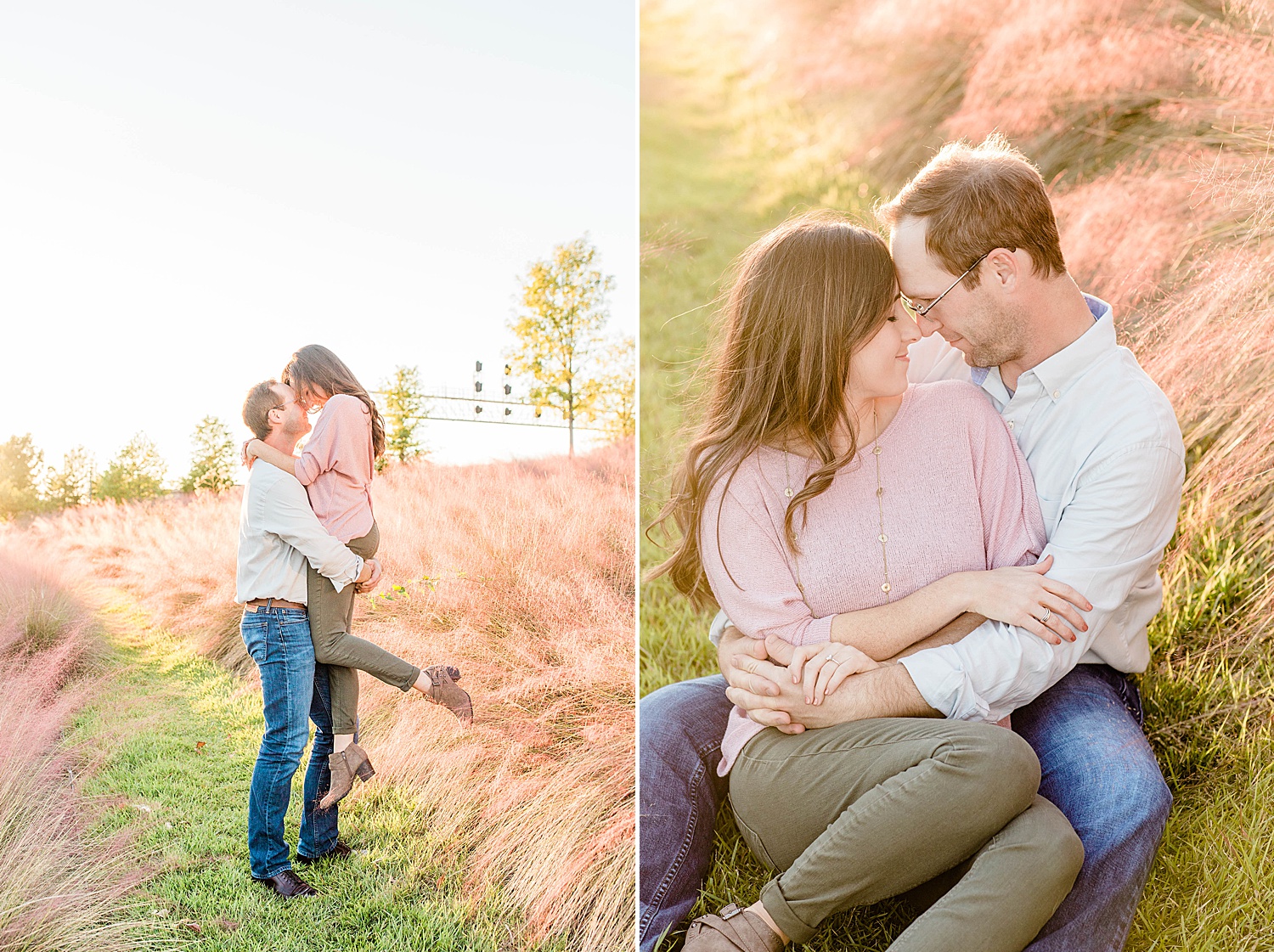 man lifts his fiancé up during engagement session