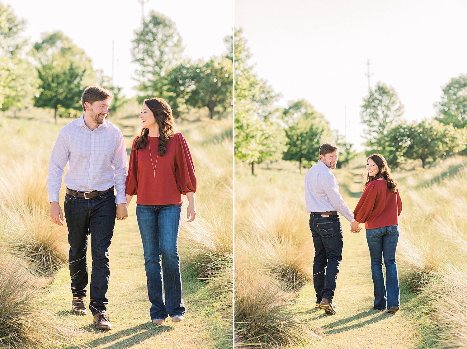 couple walking down path during engagement photos