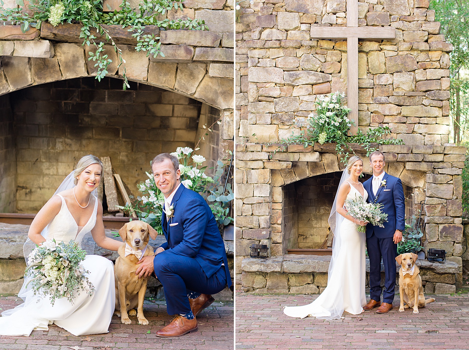 bride and groom pose with their dog during Birmingham AL Wedding