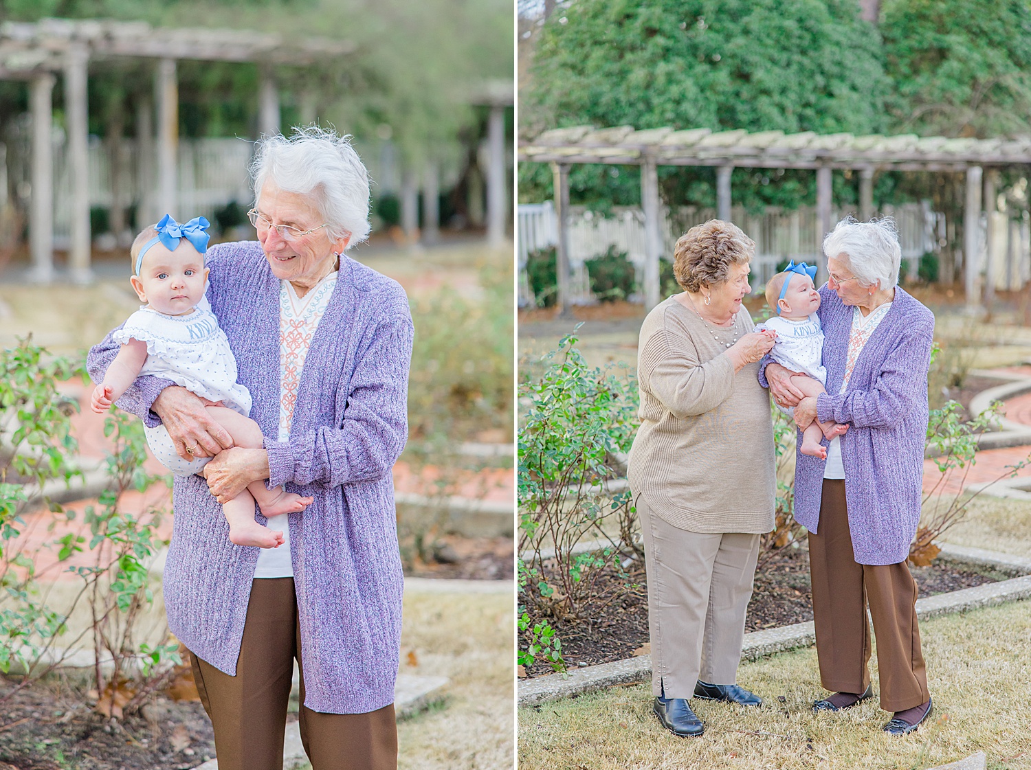 Two grandmothers hold their 6 month old granddaughter