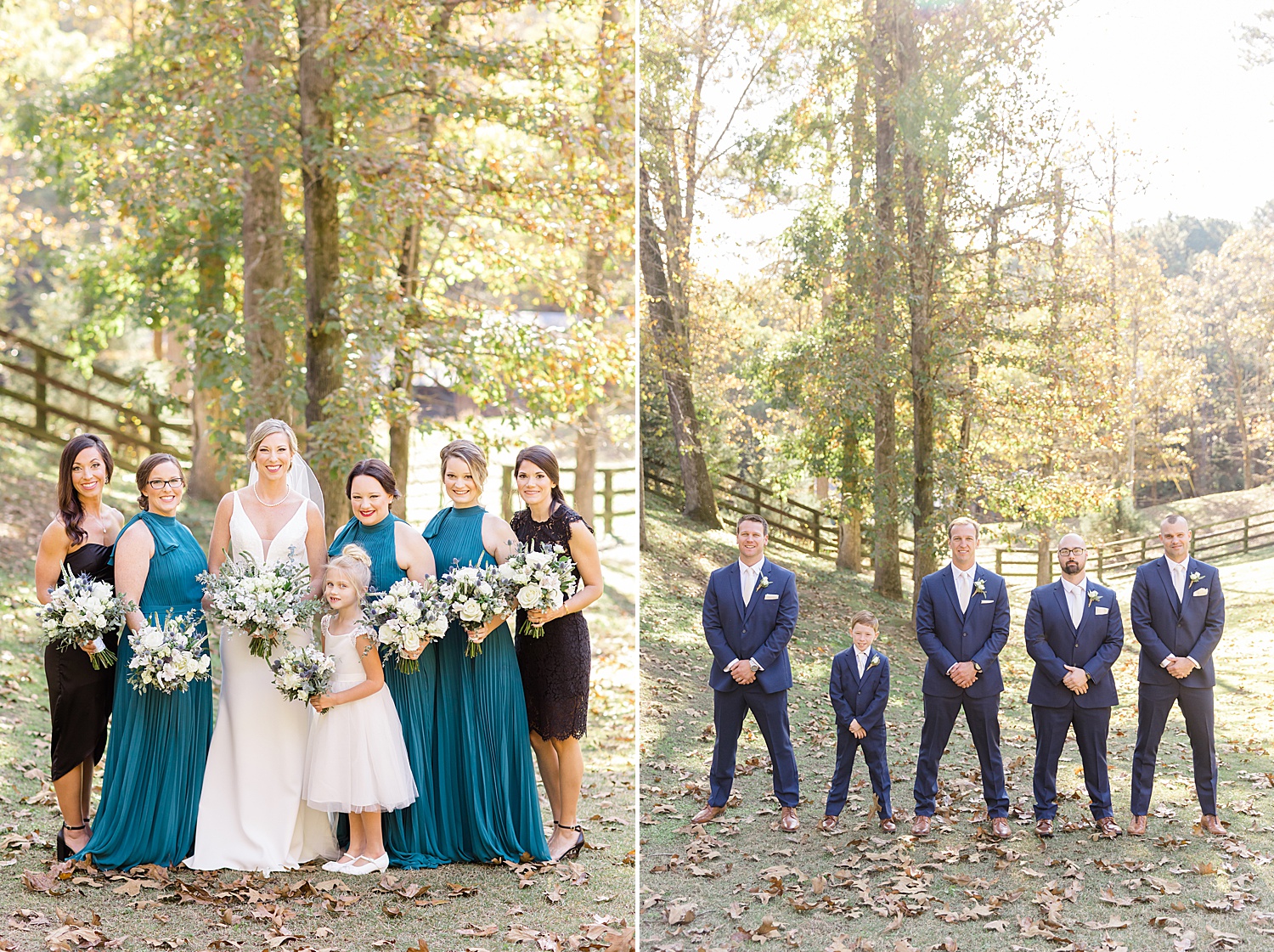 bridal party portraits in the woods at Swann Lake Stables Wedding