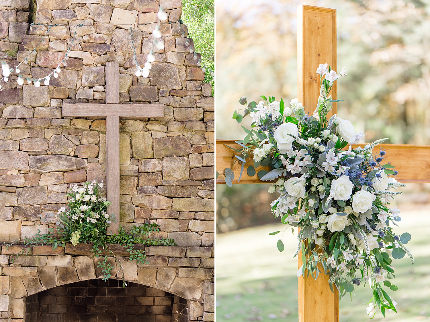 wedding ceremony with cross and flower decorations
