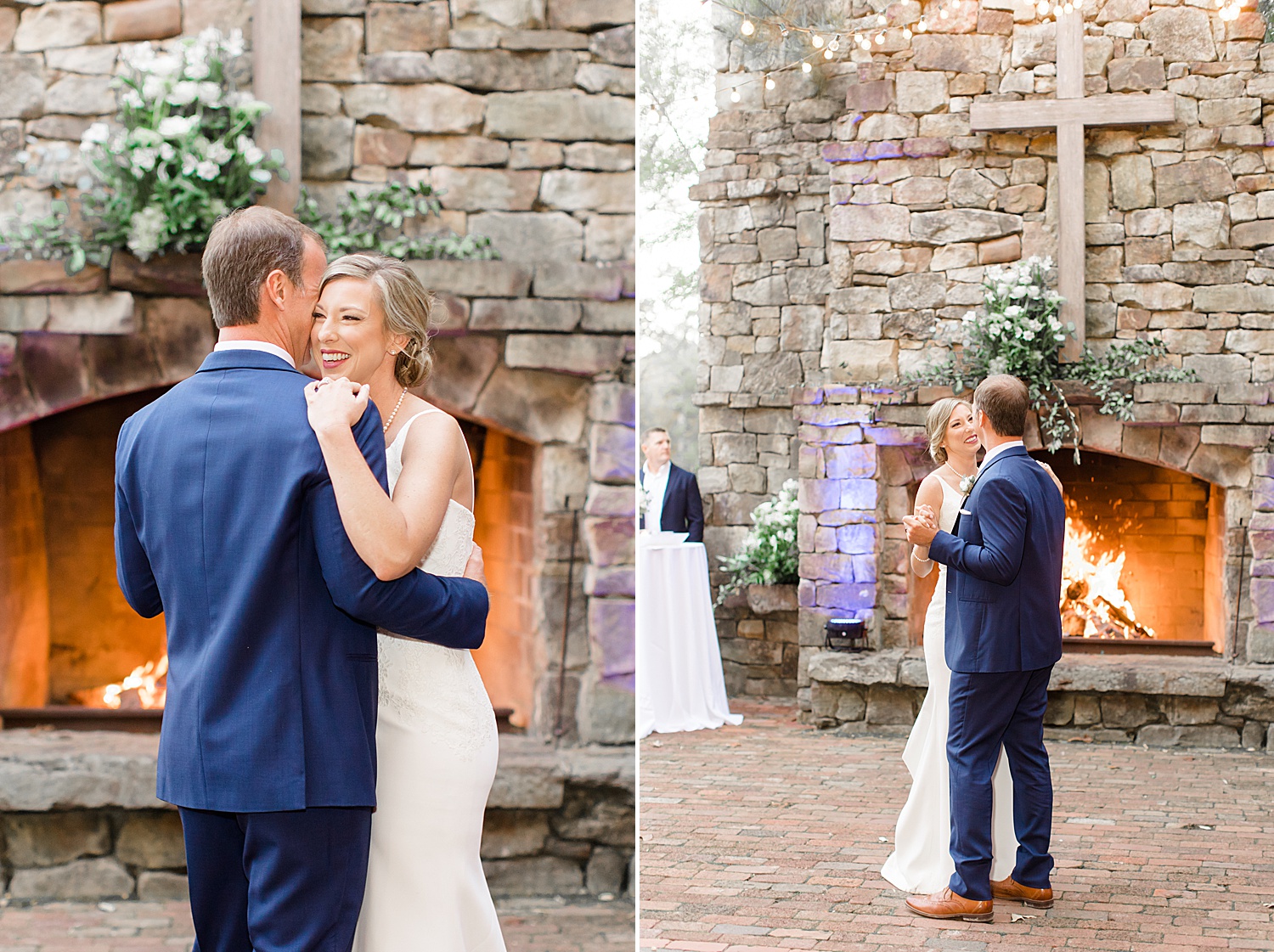 couple dance near the stone fireplace at wedding reception