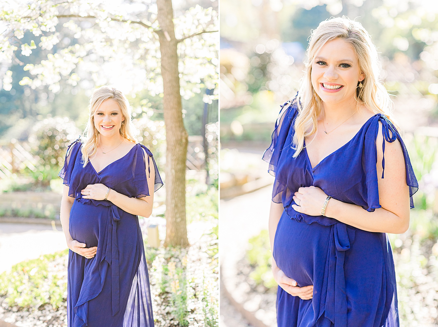 mom-to-be in royal blue dress during Maternity Session at Birmingham Botanical Gardens