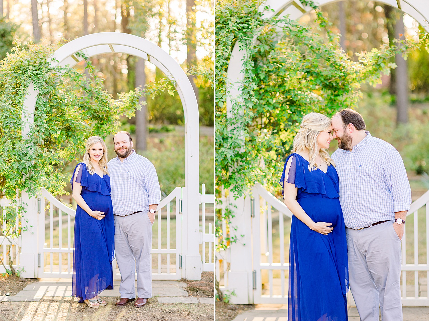 couple stand under arch in the gardens at Birmingham Botanical Gardens