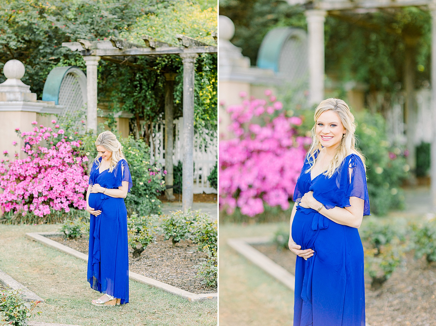 pregnant woman in dark blue dress holds her baby bump in garden in downtown Birmingham AL
