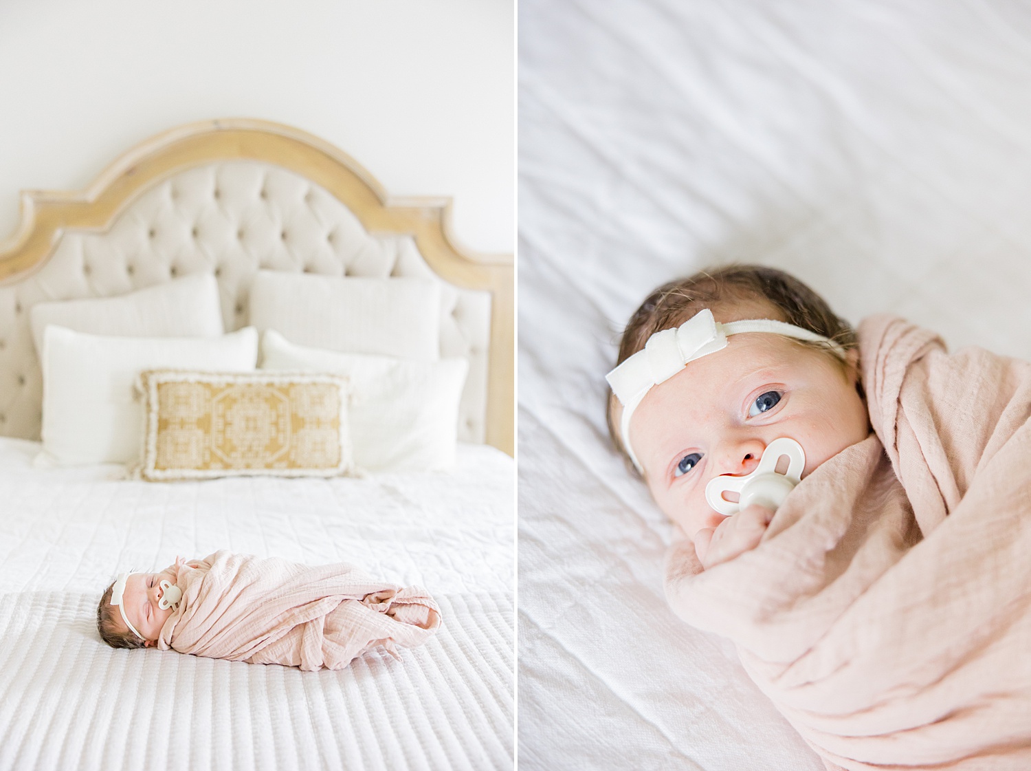 baby girl on bed during Birmingham At-home newborn portraits