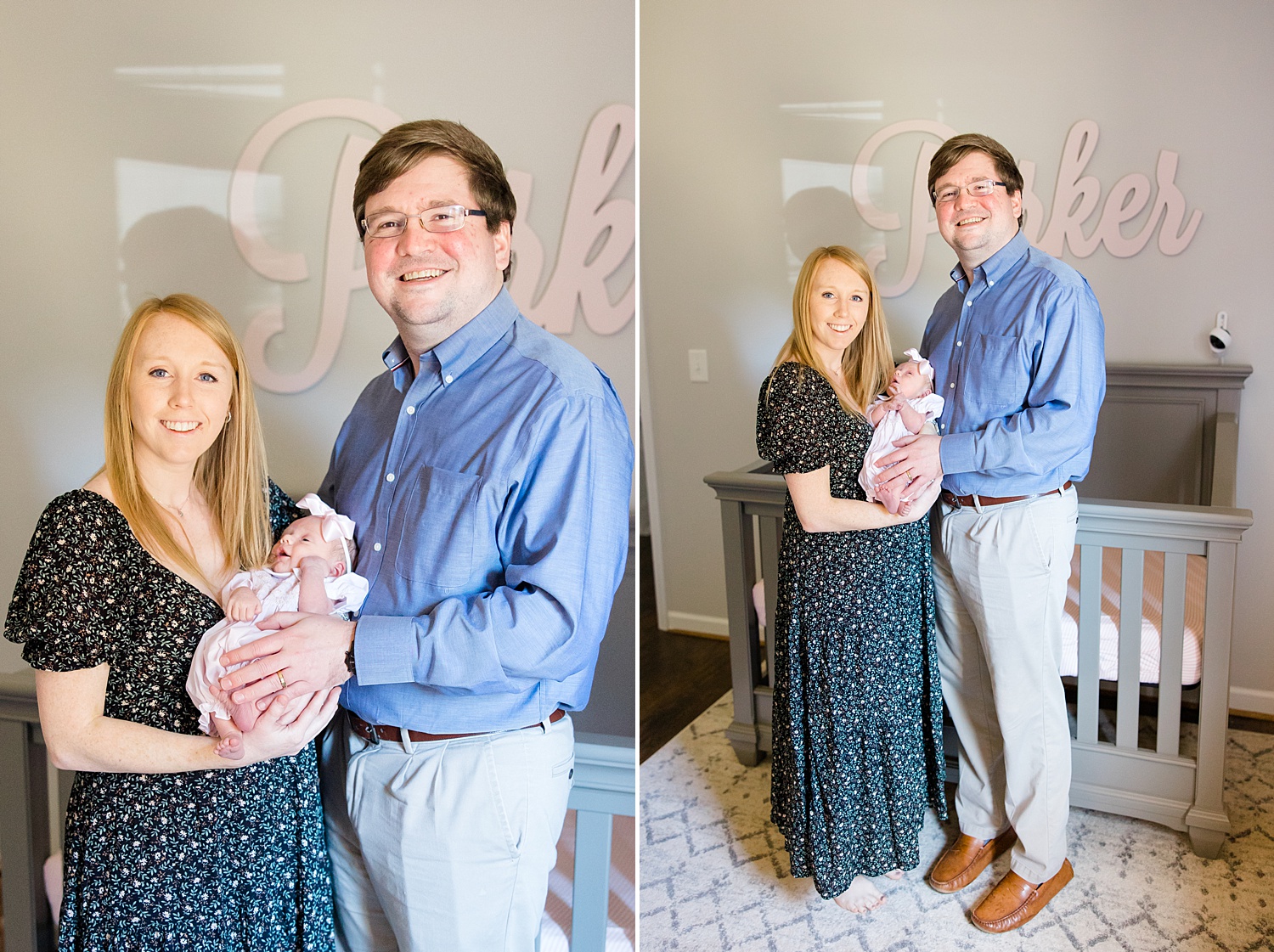 mom and dad holding newborn girl in nursery during In-Home Newborn Session