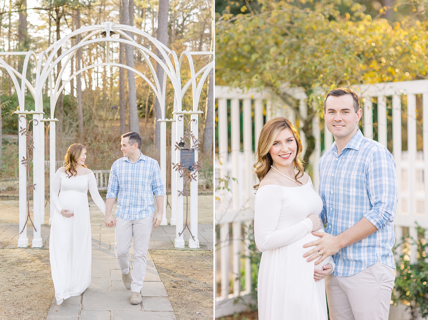 couples walks together through Birmingham botanical gardens during maternity session