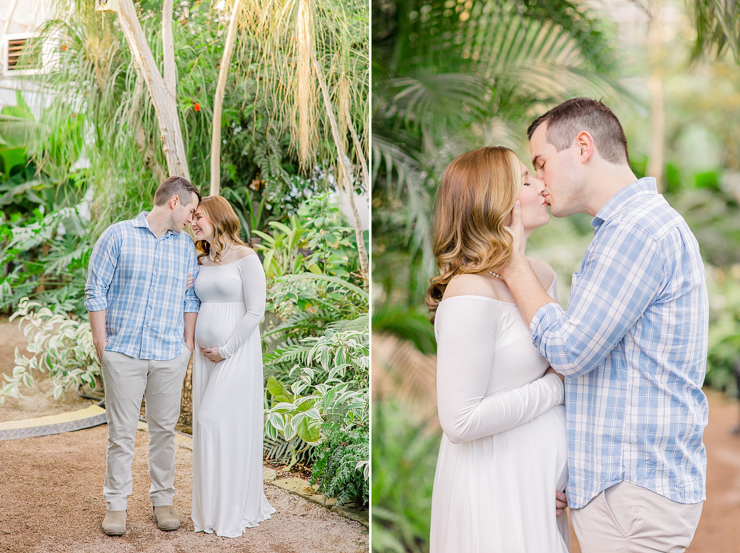 couple expecting baby kiss in the botanical gardens in Birmingham AL