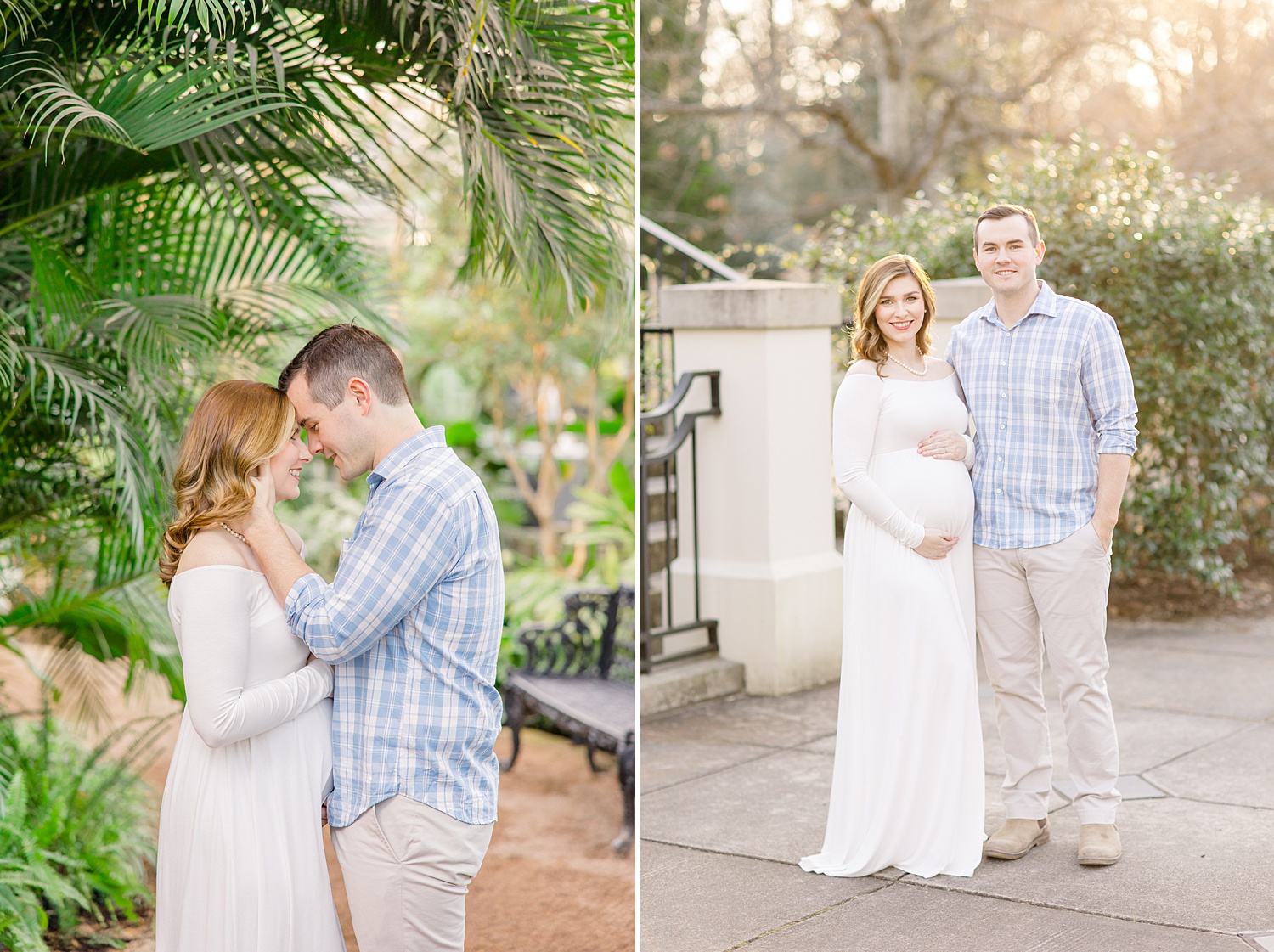 couple stand outside in gardens during maternity session
