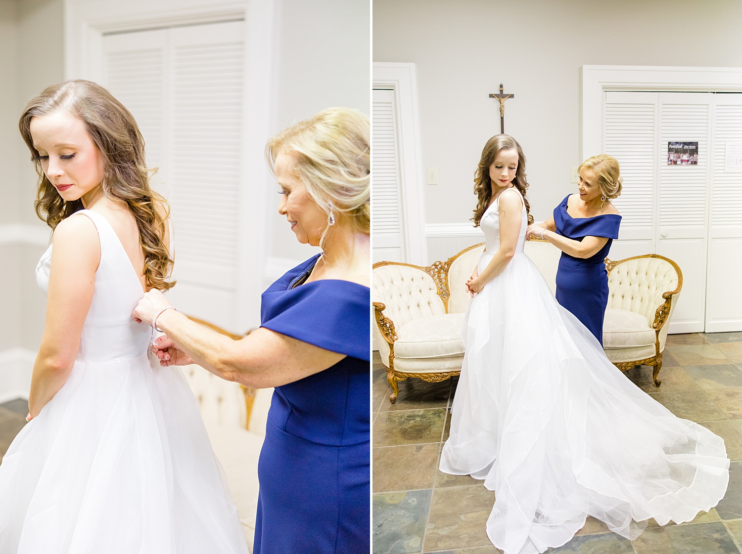 bride getting ready with the help of her mom