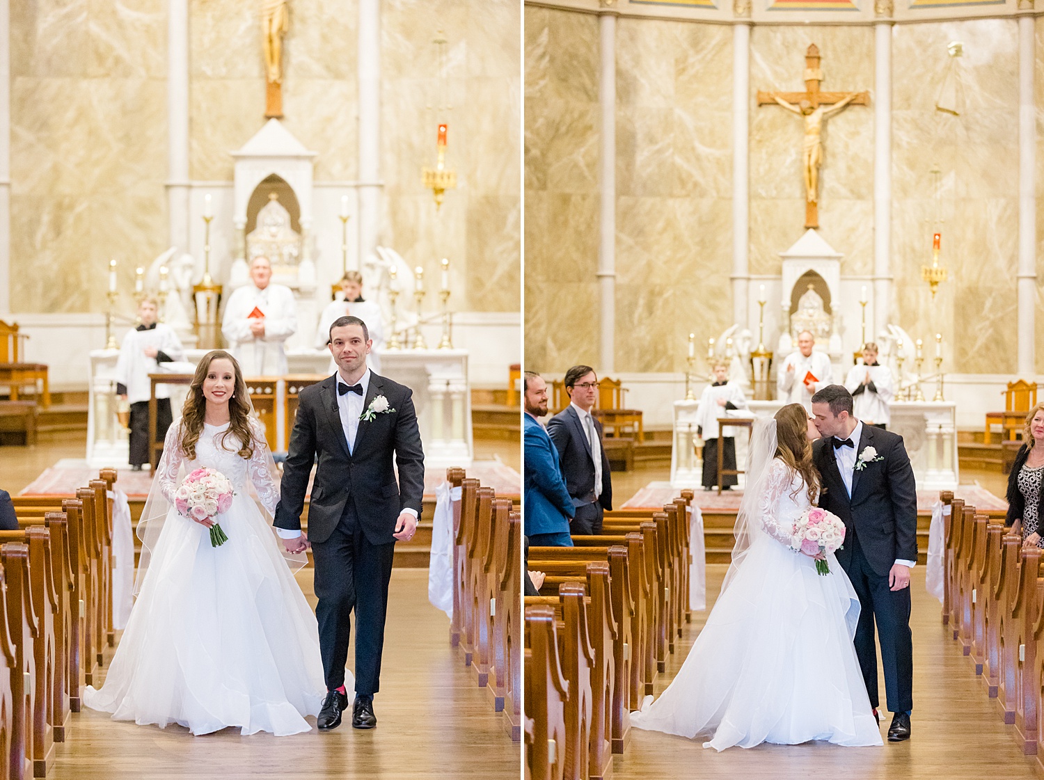 newlyweds walk together down aisle after wedding ceremony