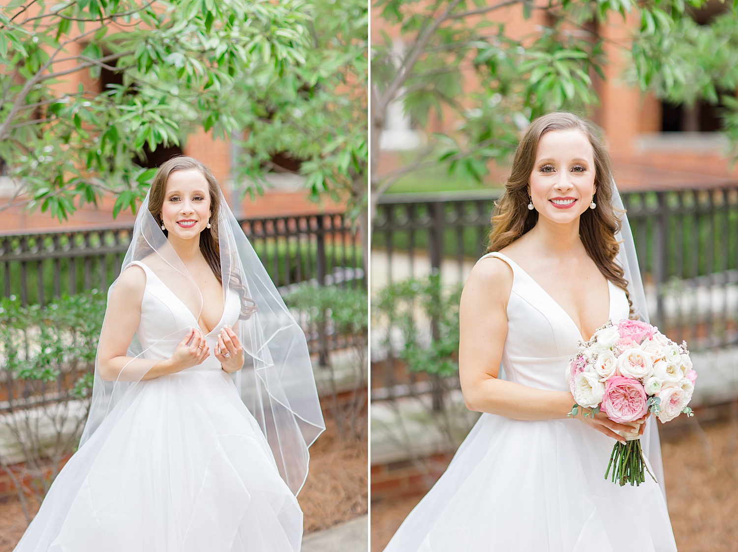 bride in dress holding white and pink classic flower bouquet
