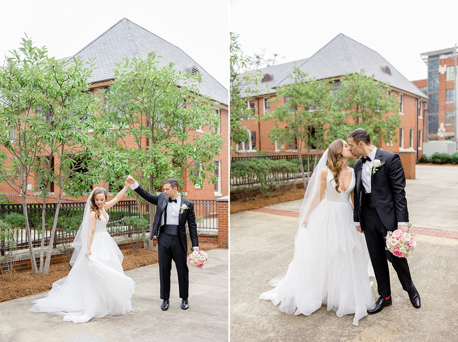 groom spins bride around in front of Cathedral of Saint Paul Wedding in Downtown Birmingham