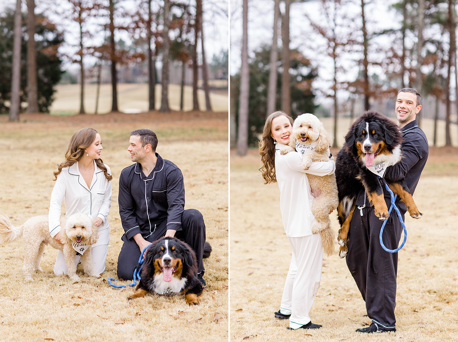 couple hold their dogs during first look