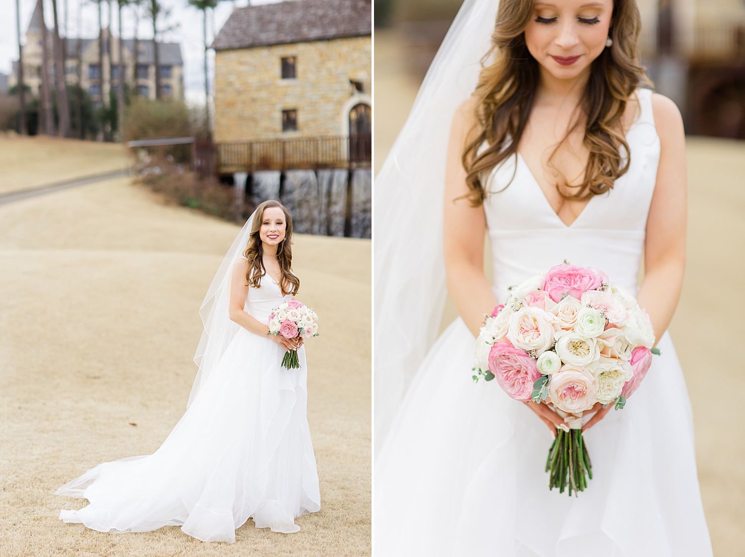 bride portraits holding white and pink flower bouquet