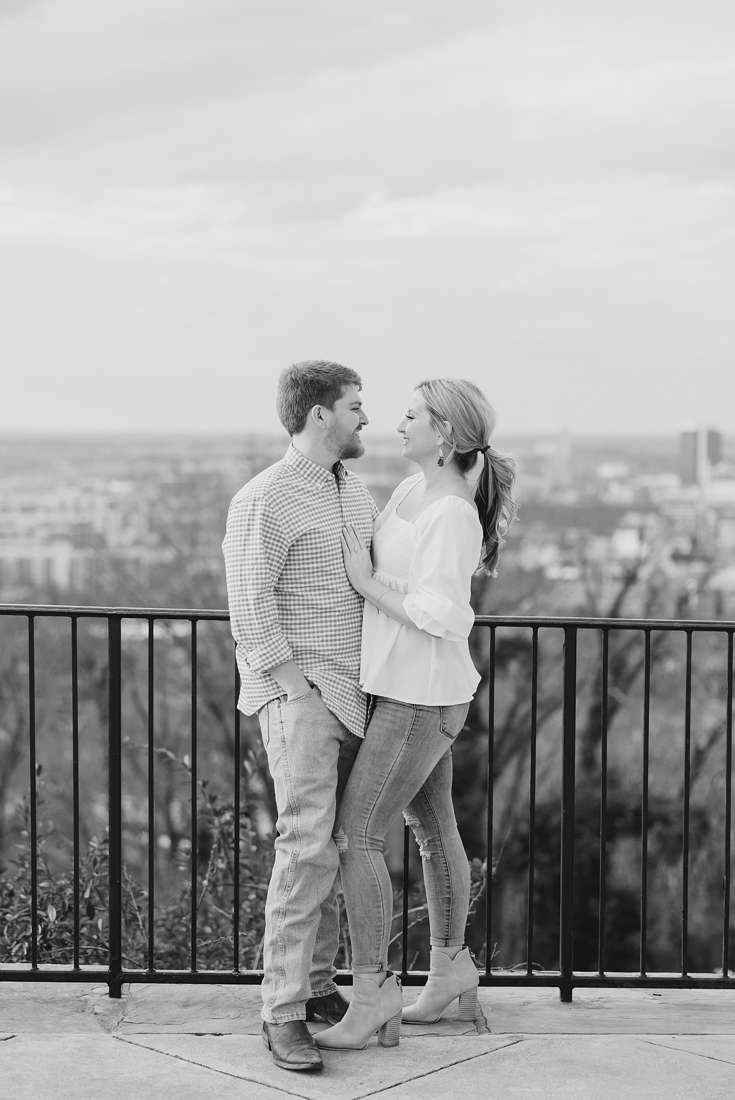 black and white photo of couple during engagement session