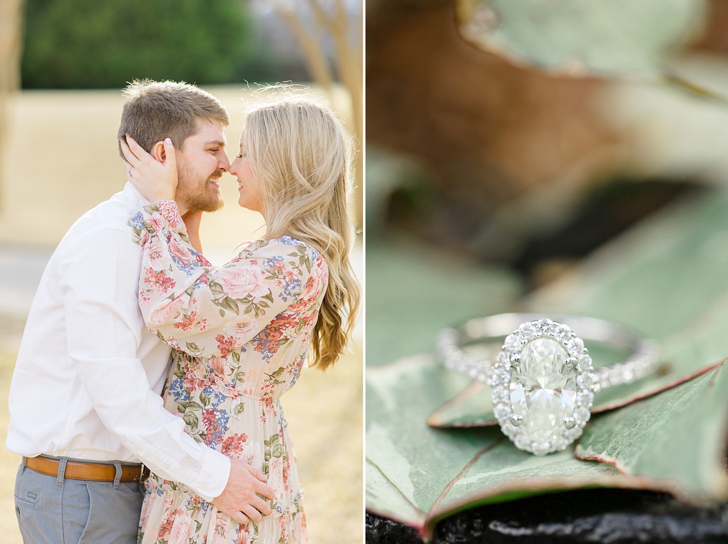Engagement ring on green leaf