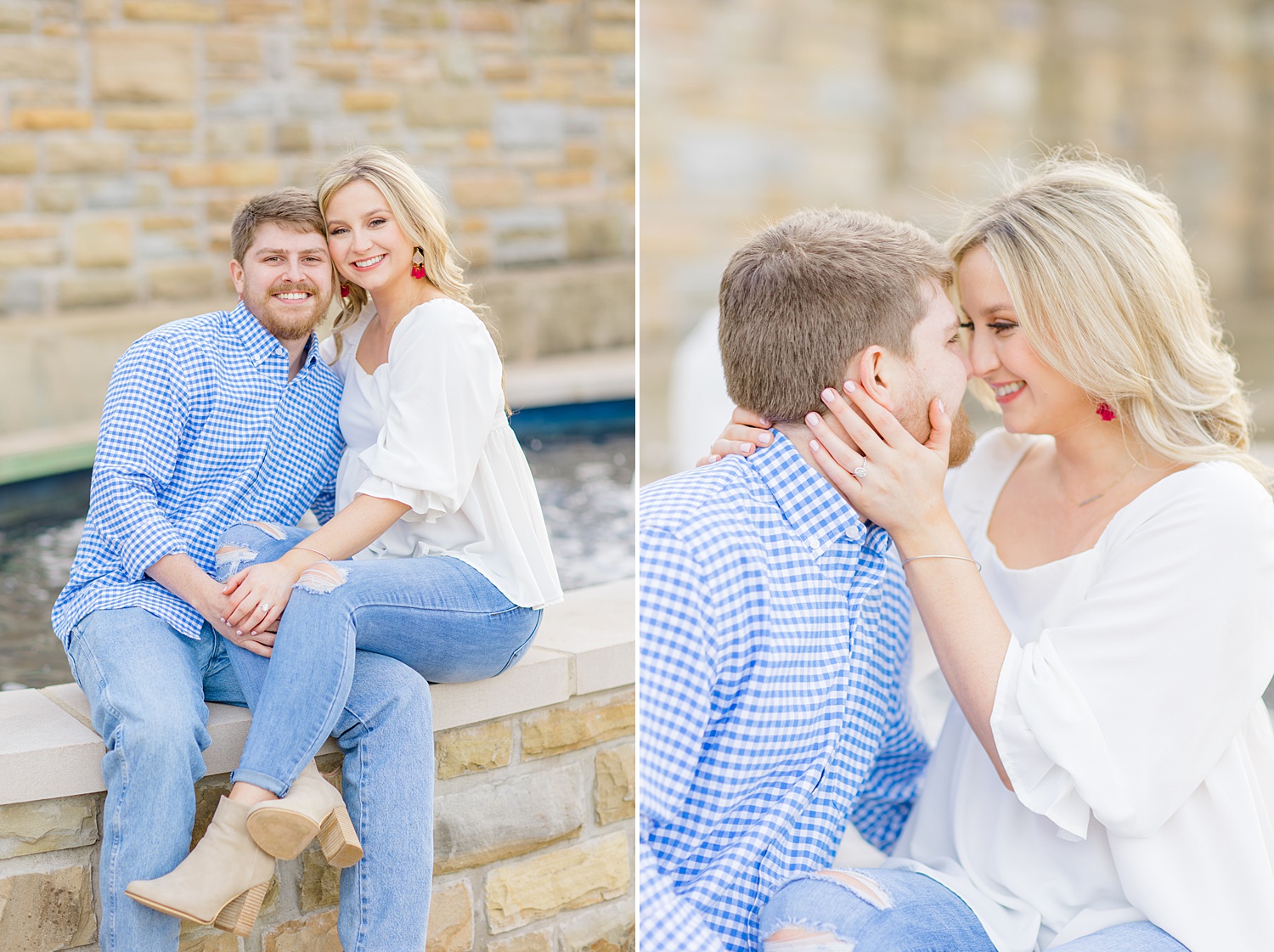 couple sits on retaining wall next to garden fountain by Birmingham Engagement photographer