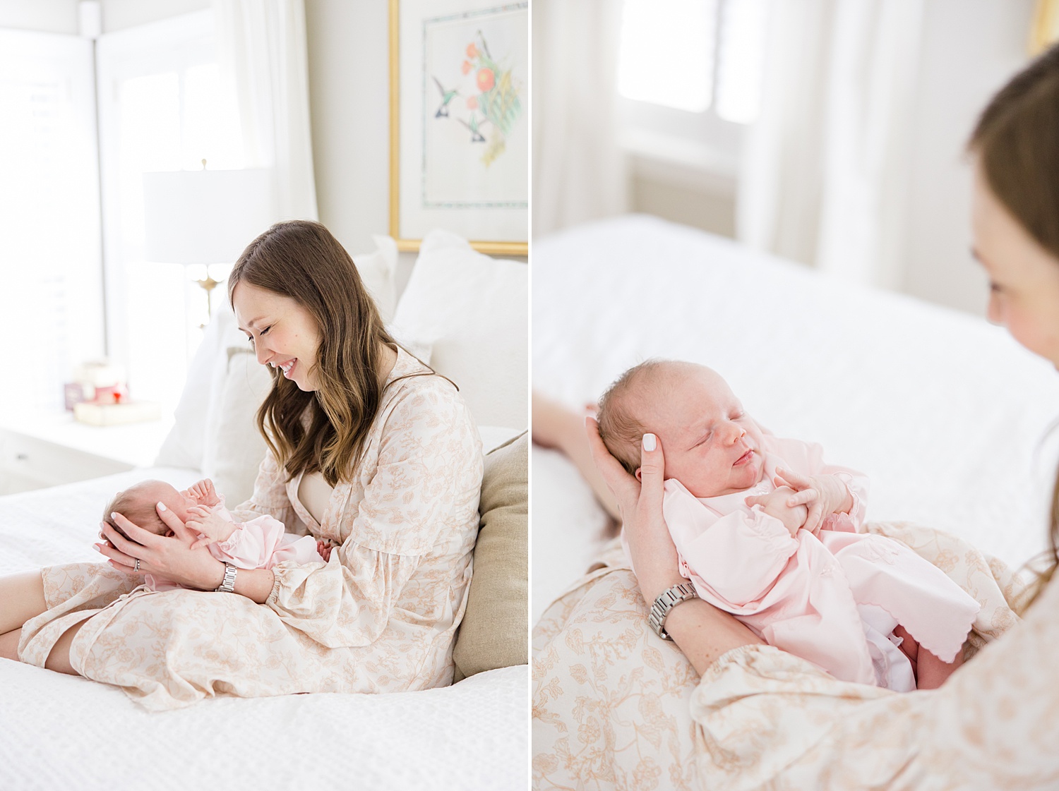 mom and newborn daughter snuggle on bed during In-Home Lifestyle Newborn Session