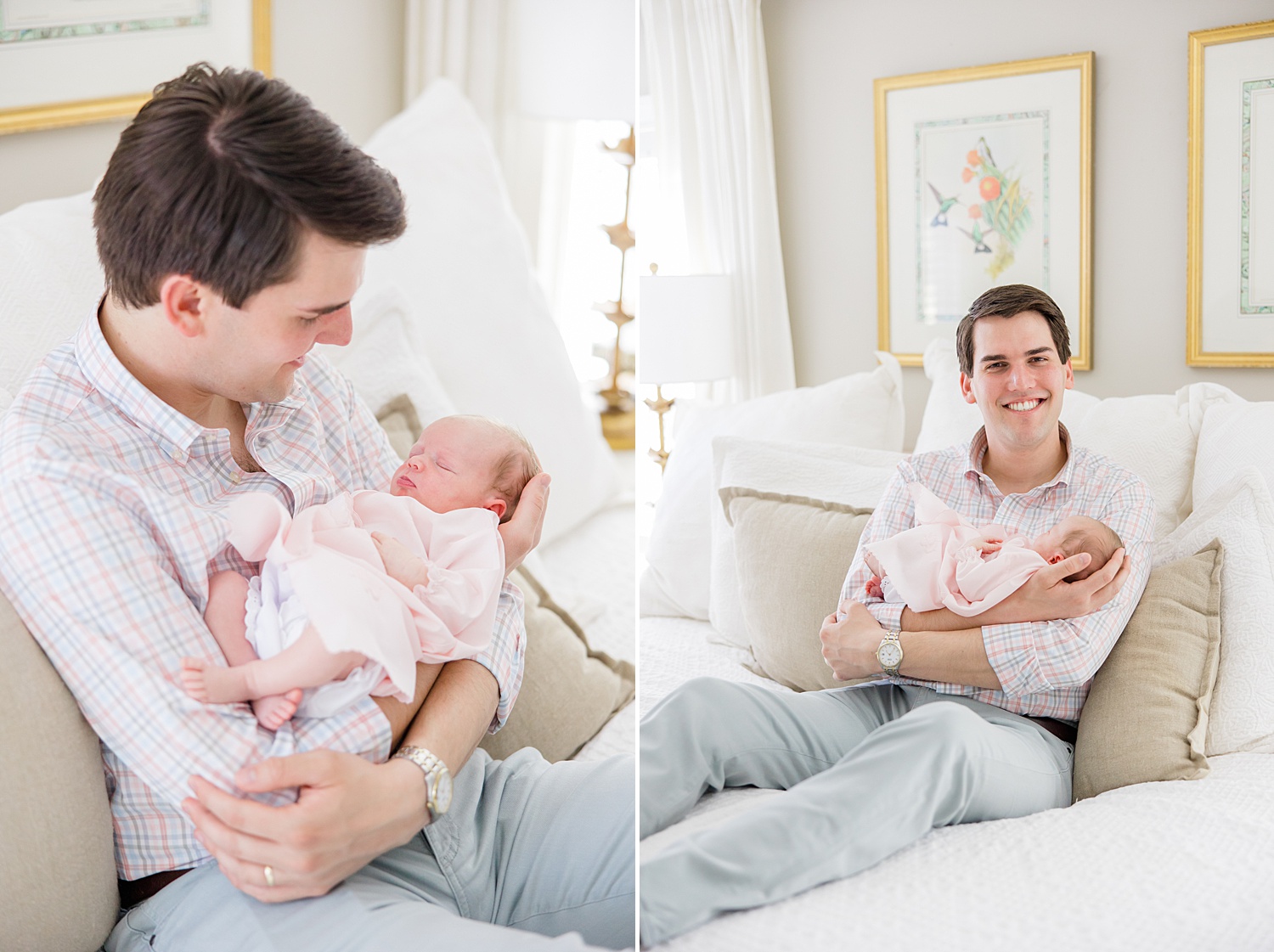 dad holds baby girl on bed during In-Home Lifestyle Newborn Session