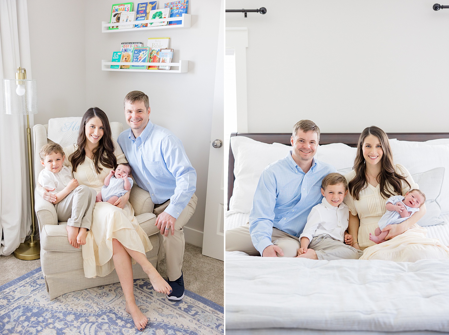 family cuddles up on bed for newborn lifestyle session