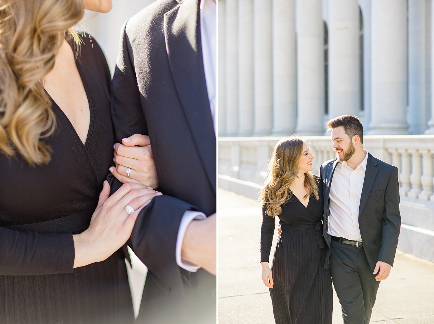 couple walk through downtown with linked arms