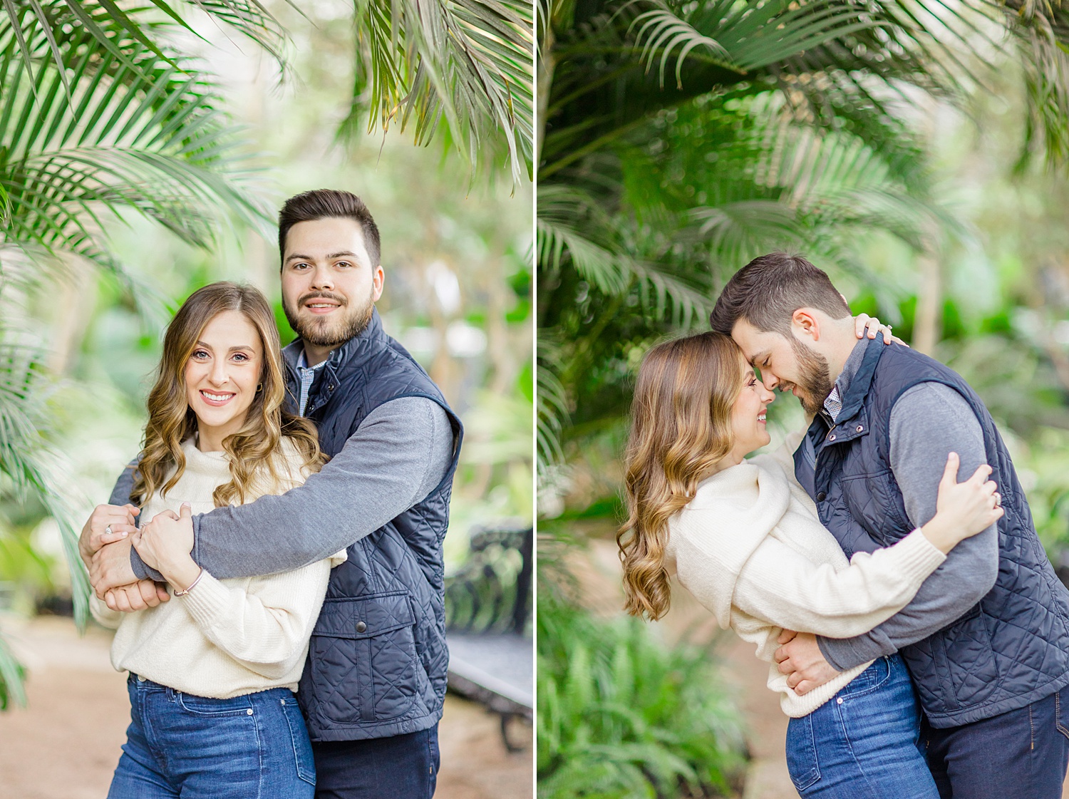 couple kiss under green tree at the botanical garden
