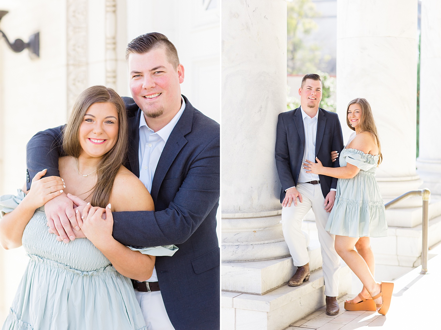 newly engaged couple lean against building columns