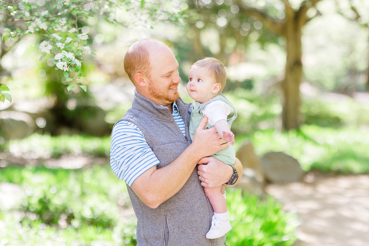 dad and son at Birmingham Botanical Gardens during spring mini session