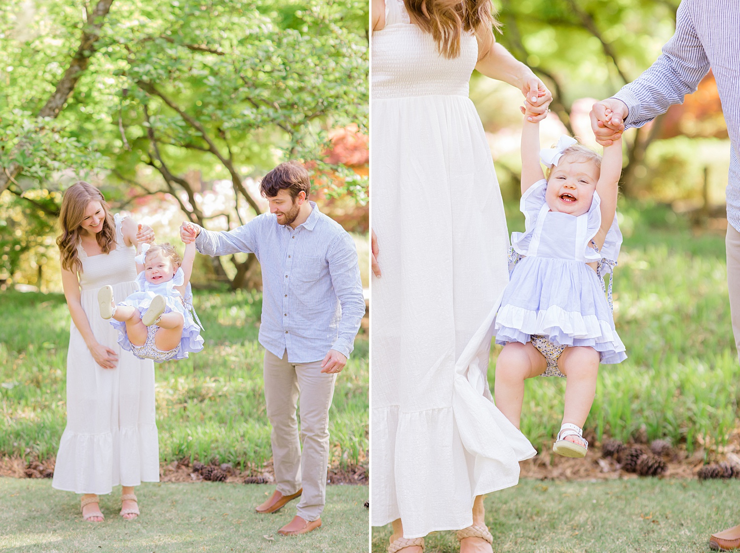 parents swing their daughter as they walk through gardens