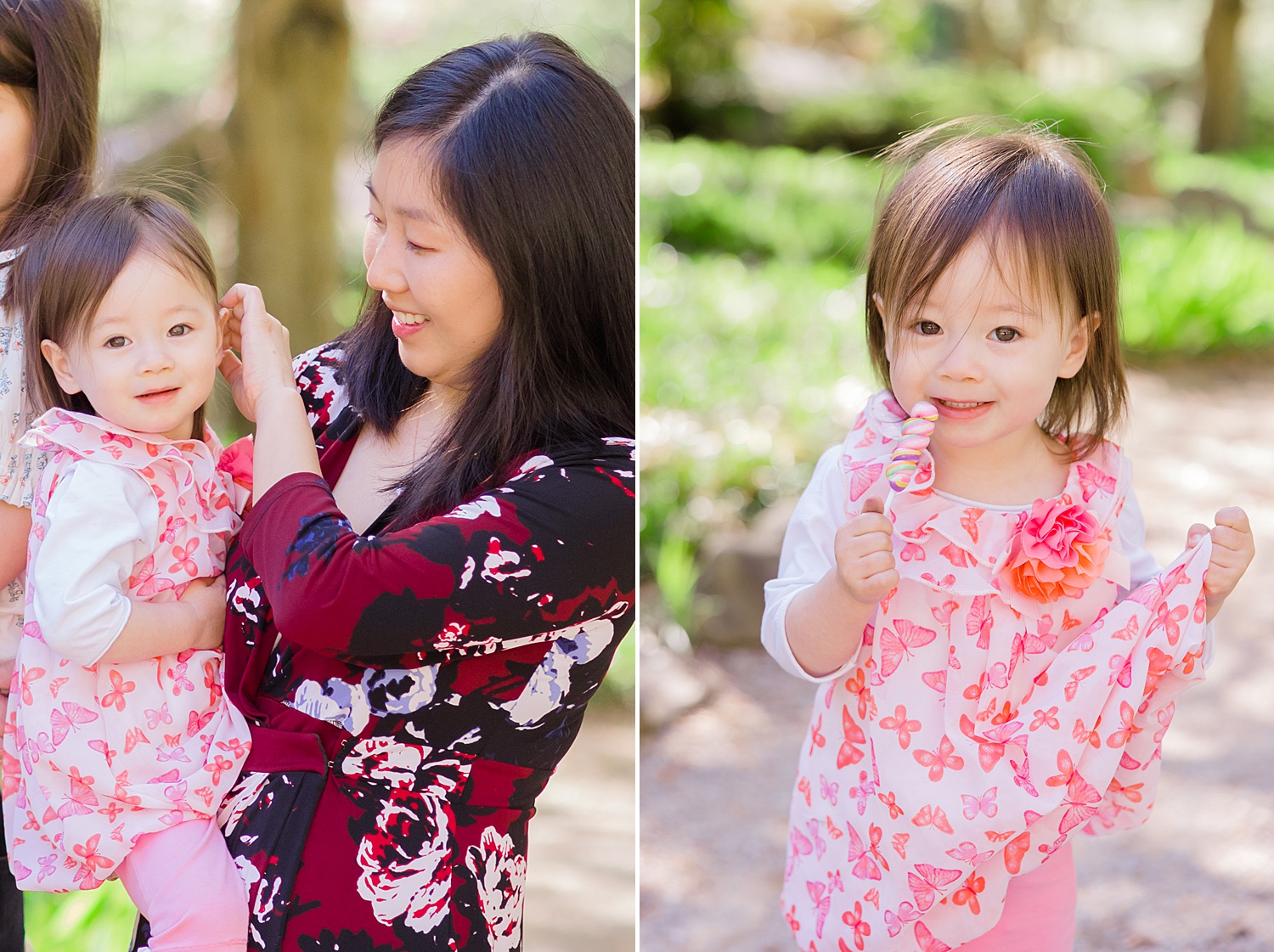 mom holds her little girl at Japanese Garden spring minis