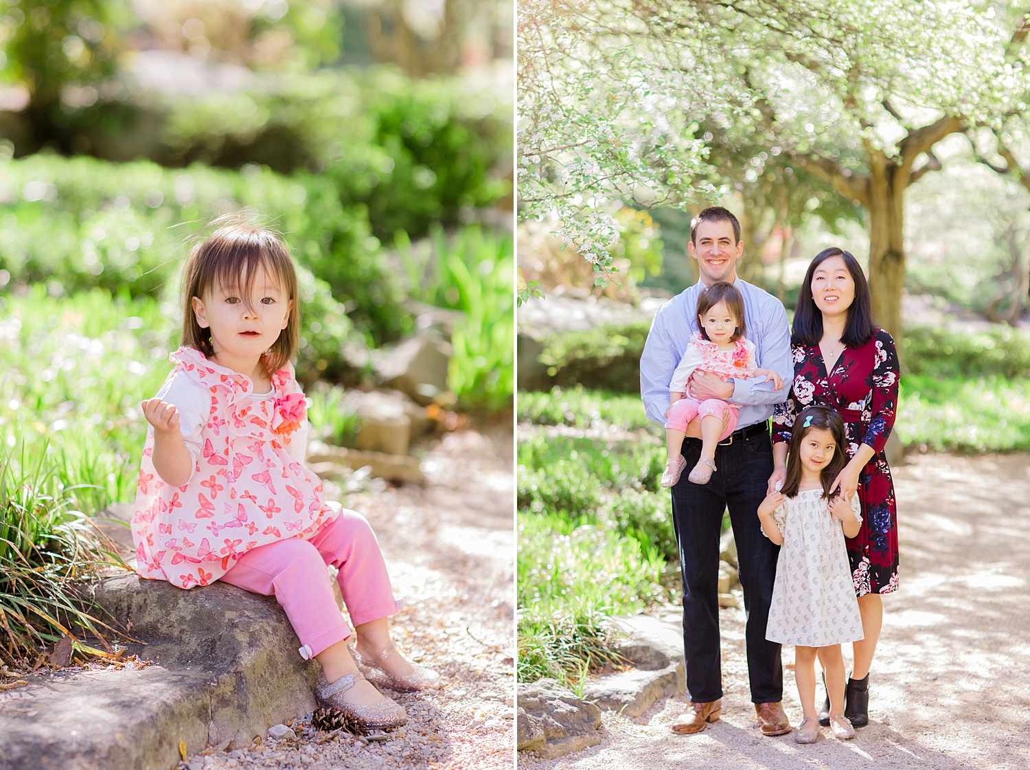 parents with two daughters during spring minis at Japanese garden