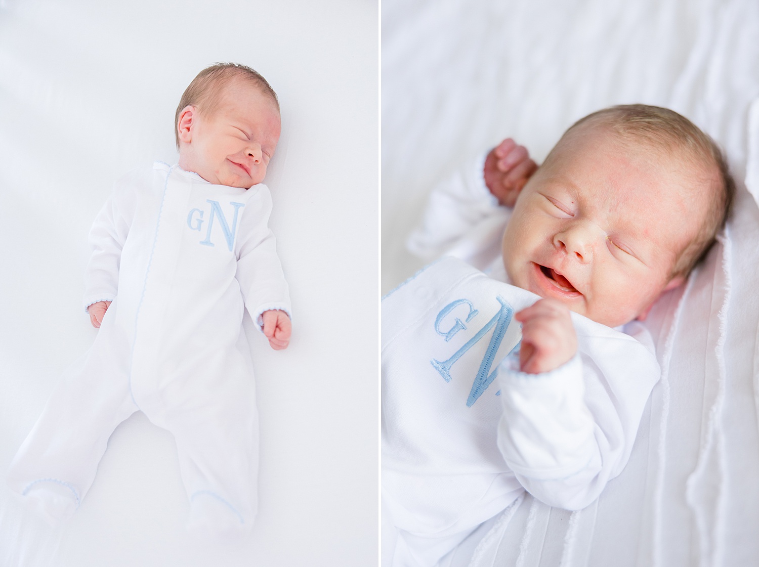 baby boy gives a sleepy smile during newborn session