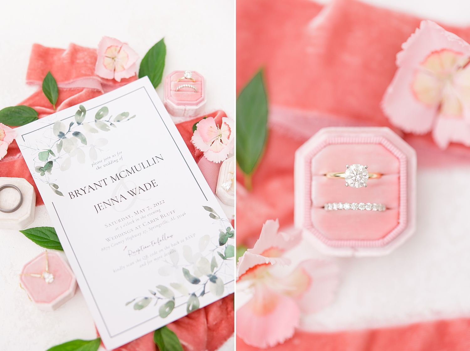 pink ring box and wedding invitations from Romantic Spring Wedding at Weddings at Cabin Bluff