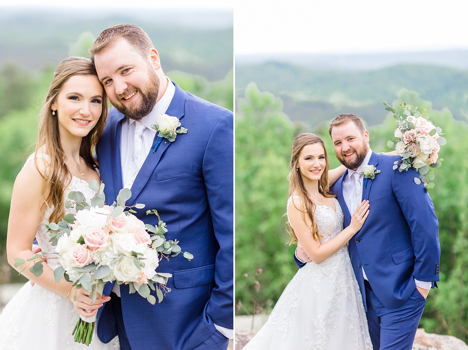 couple wedding portraits on top of grassy hill 